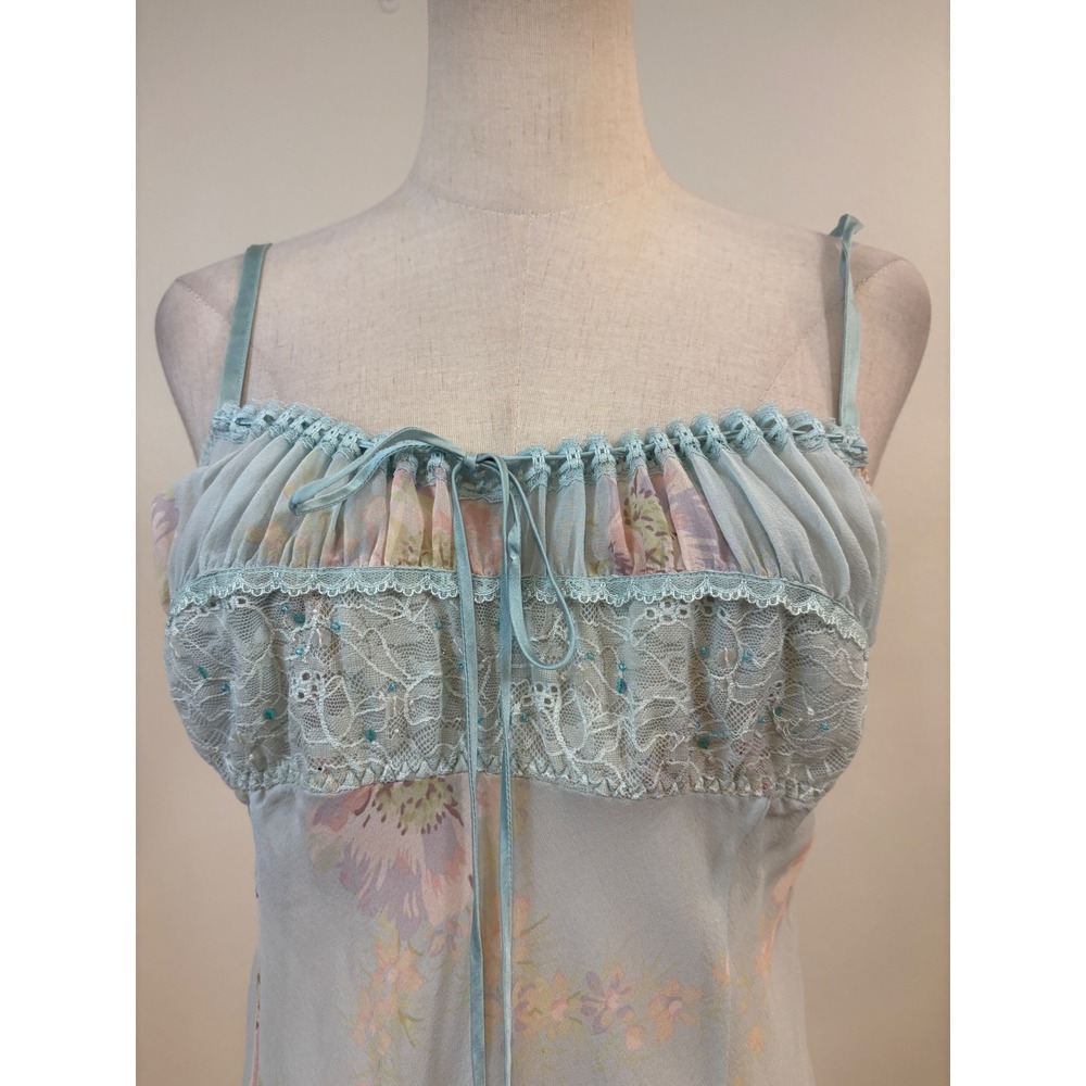 Vtg Victoria's Secret Slip Dress L Blue Silk Milkmaid Beaded Coquette Ethereal - Picture 2 of 8